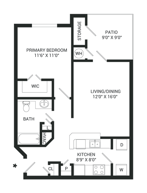 Floor plan for 1 bed, 1 bath, 696 sqft